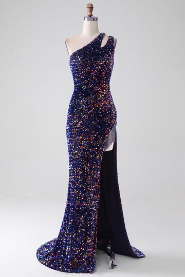 Black Mermaid One Shoulder Sequins Long Ball Dress with Slit